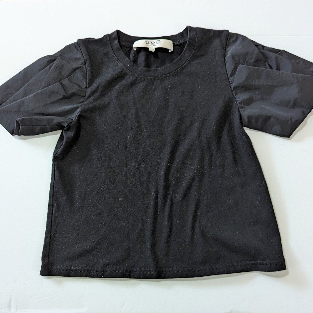 Sea New York Girls Puff Sleeve Top Mixed Media Short Sleeve Black Size 3-5Y